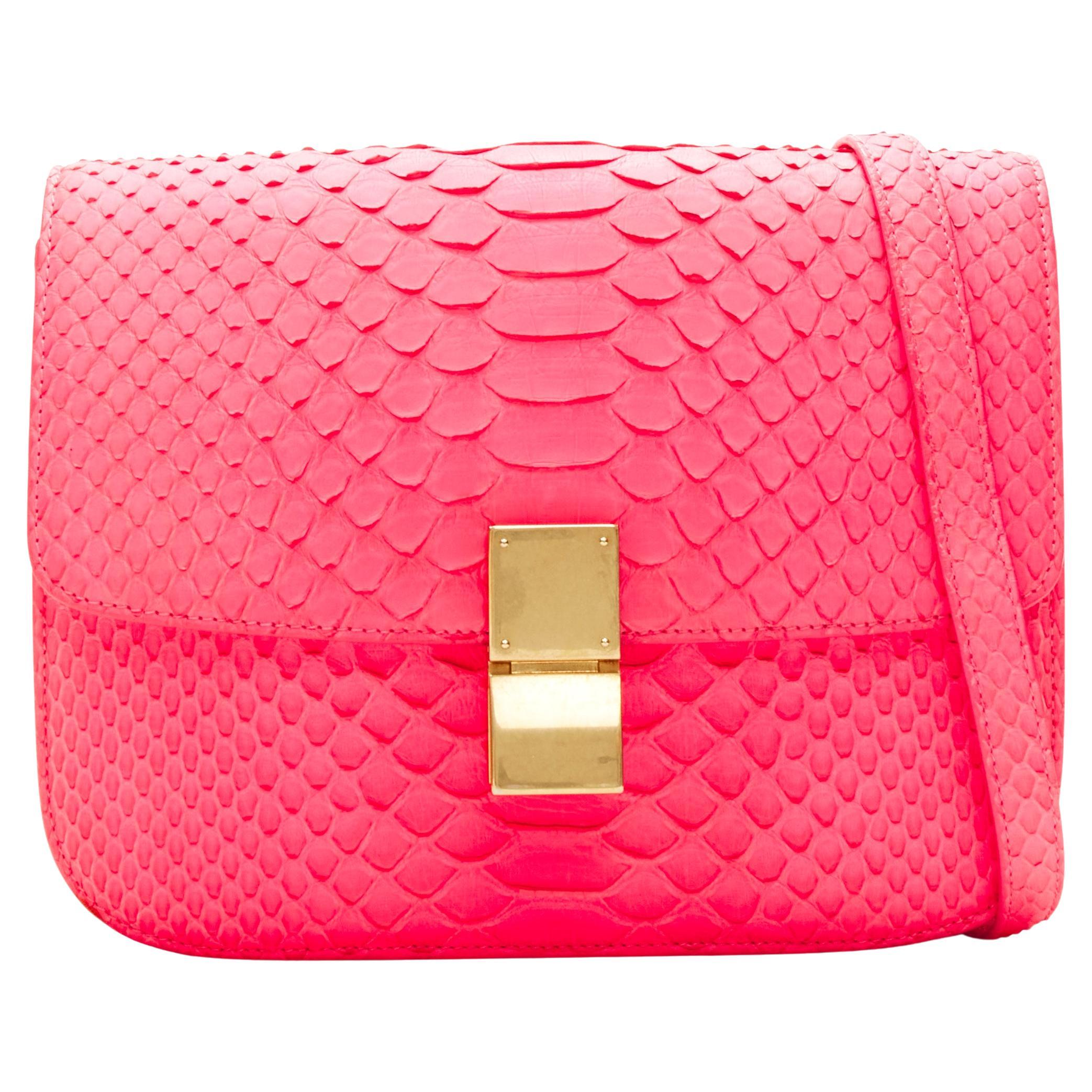 OLD CELINE Medium Classic Box Bag neon pink scaled leather flap crossbody For Sale