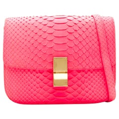 VECCHIA CELINE Medium Classic Box Bag rosa neon con patta in pelle scamosciata