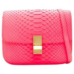 OLD CELINE Medium Classic Box Bag neon pink scaled leather flap crossbody