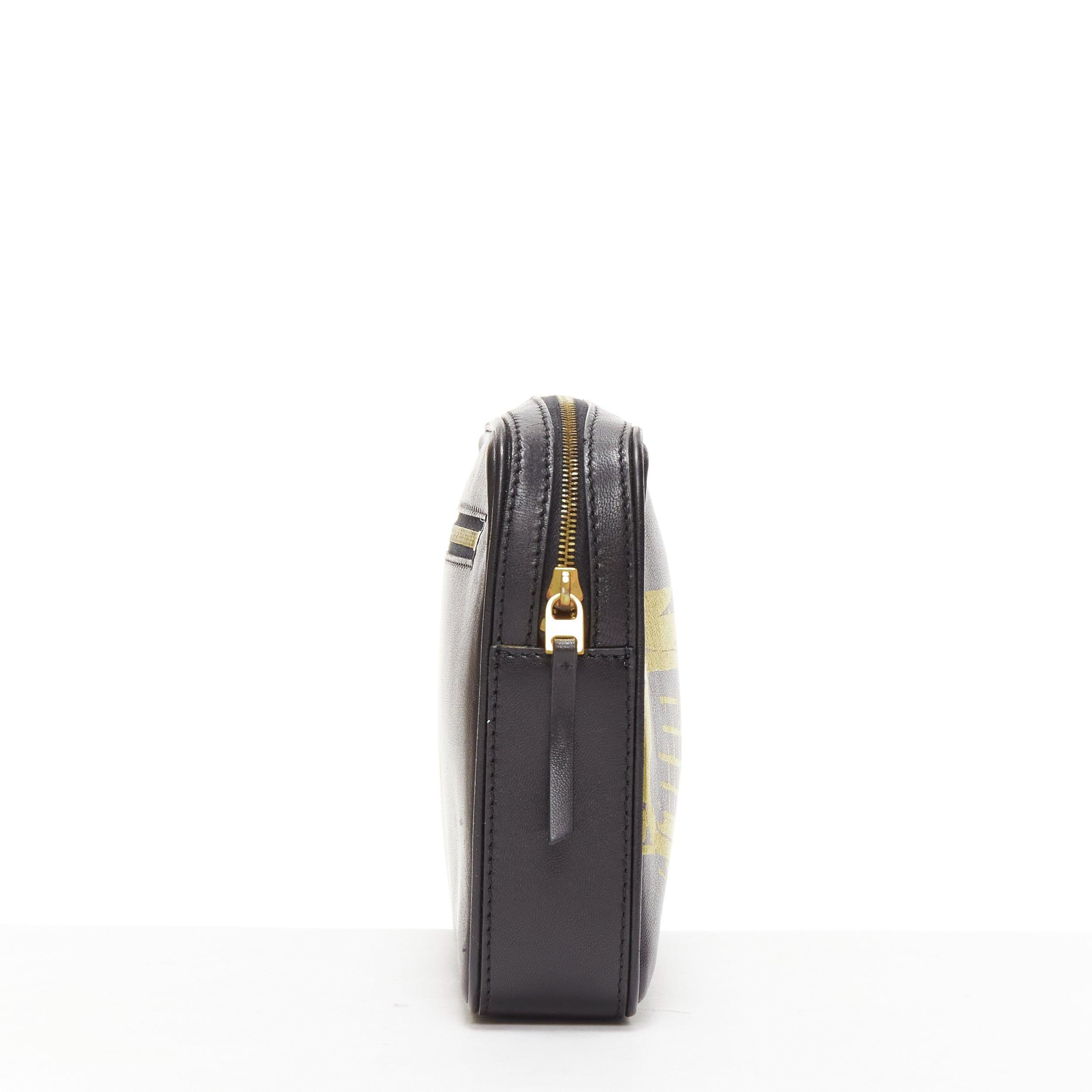 OLD CELINE Mustang Vintage Car print black leather gold foil wristlet clutch bag In Fair Condition For Sale In Hong Kong, NT