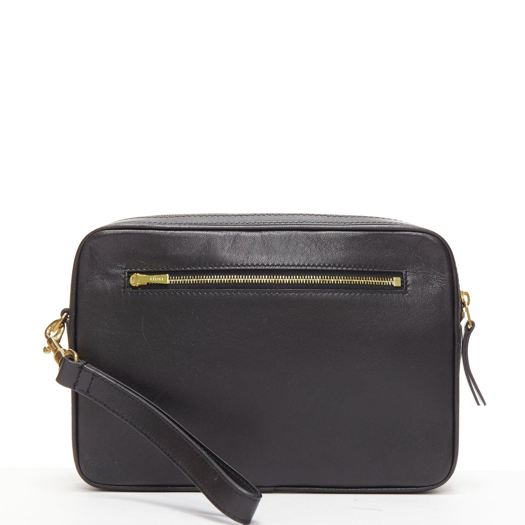 Women's OLD CELINE Mustang Vintage Car print black leather gold foil wristlet clutch bag For Sale