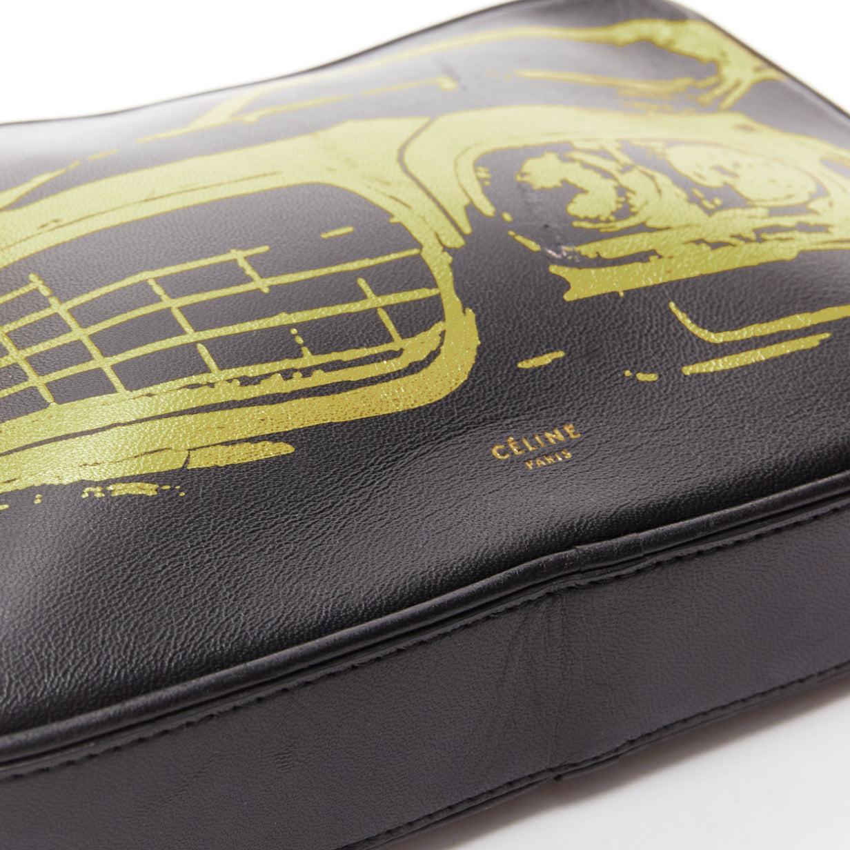 OLD CELINE Mustang Vintage Car print black leather gold foil wristlet clutch bag For Sale 2