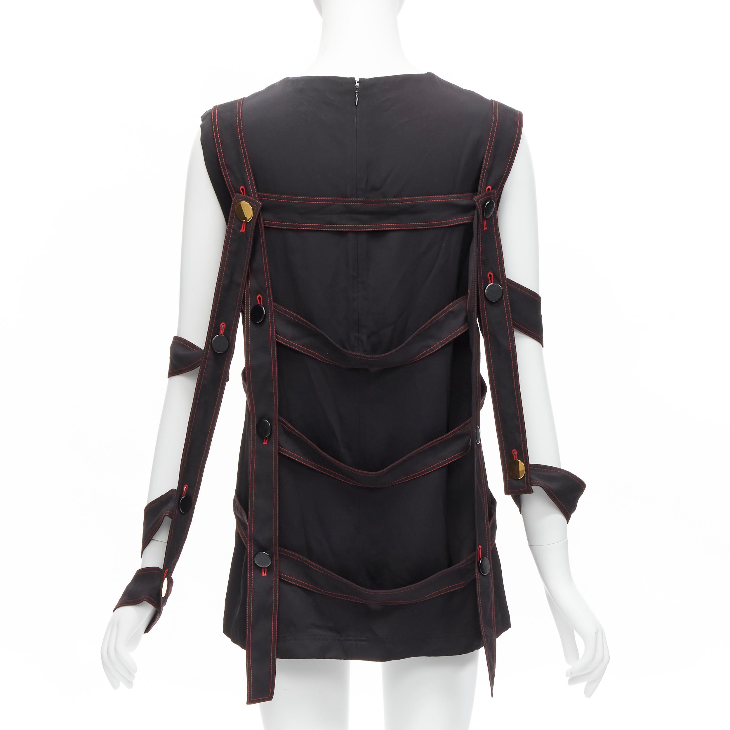 Women's OLD CELINE Philo 2015 Runway Look 17 black grid harness gold button top FR38 M For Sale