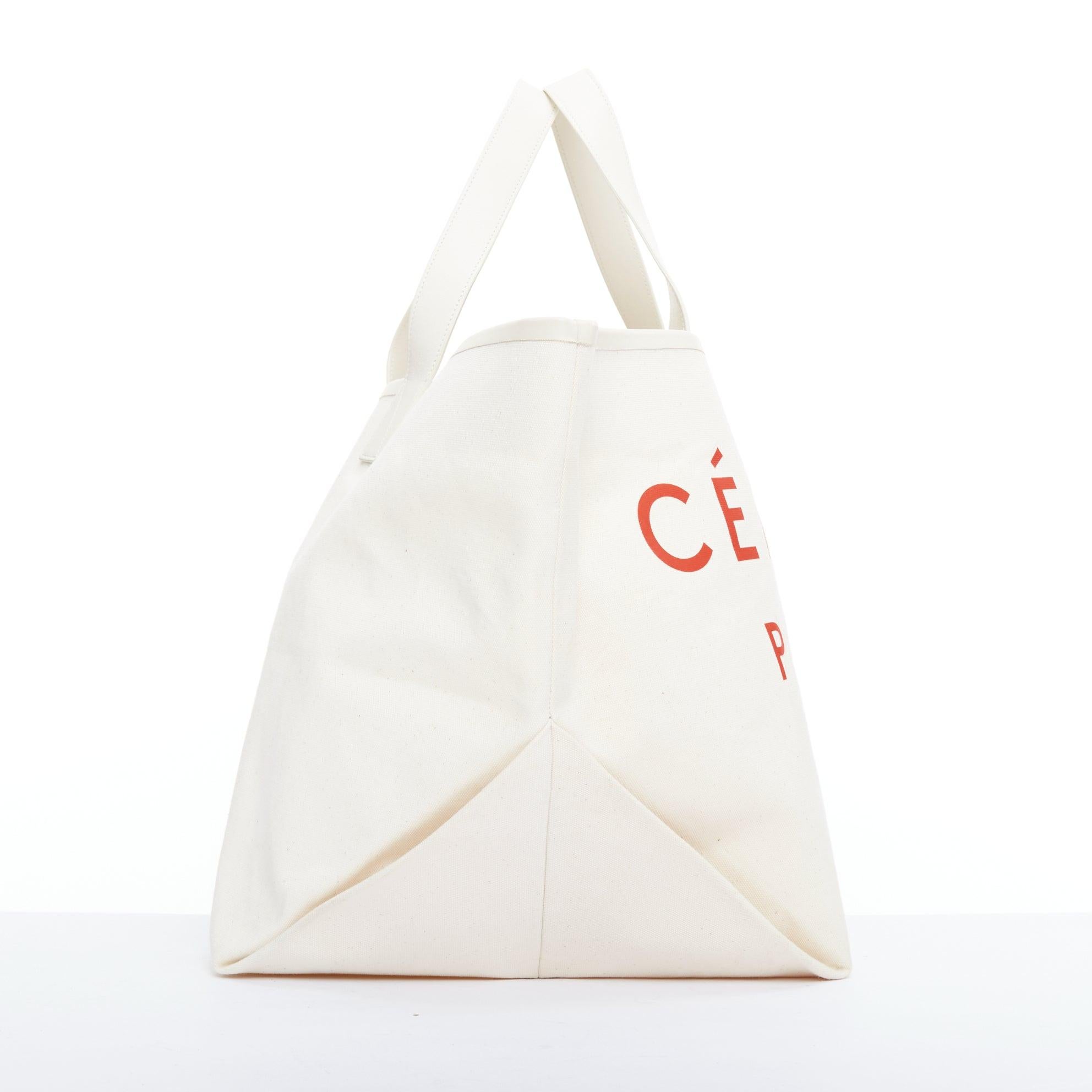 OLD CELINE Philo Made In red logo cream canvas leather trim tote bag In Fair Condition In Hong Kong, NT