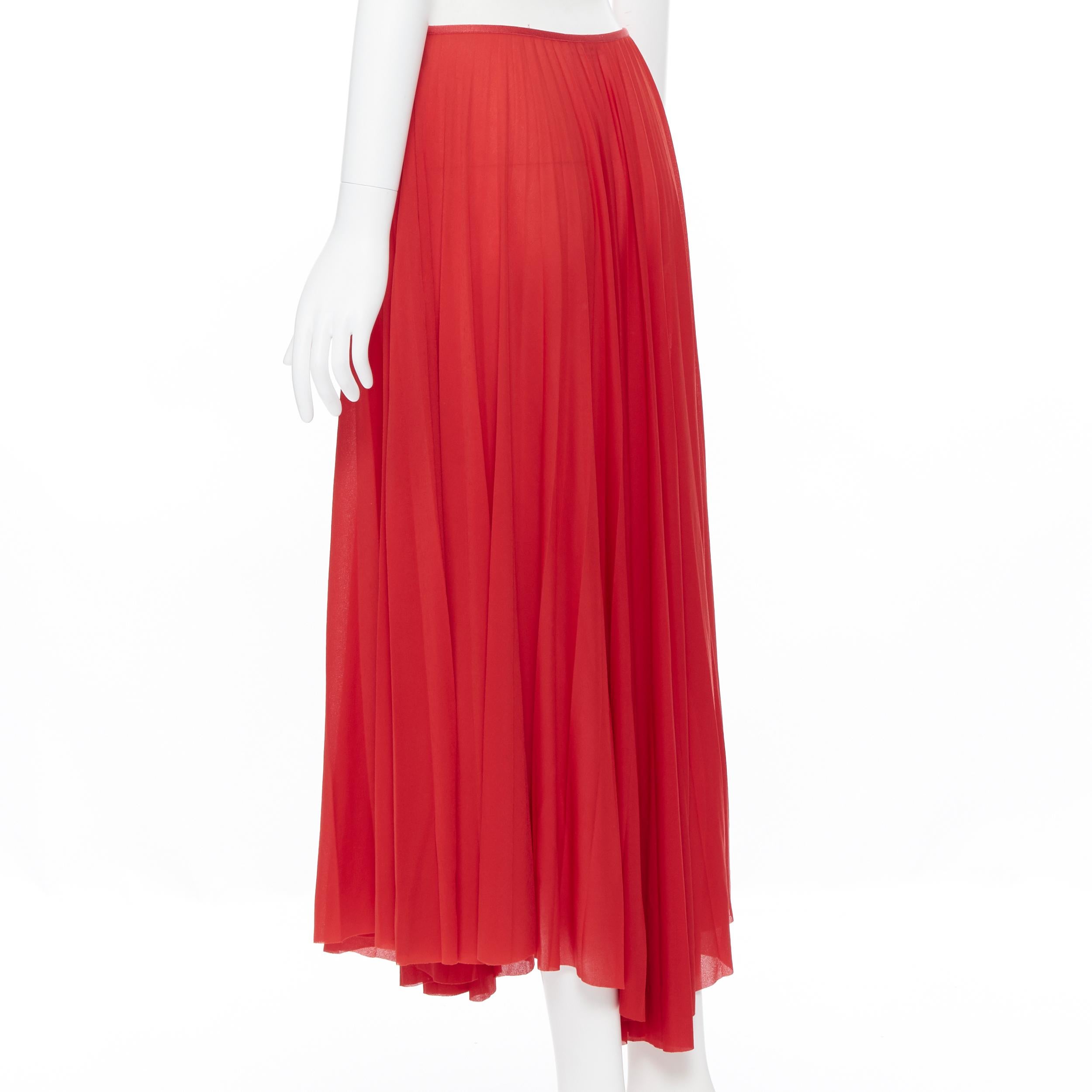 Women's OLD CELINE PHOEBE PHILO 100% polyester poppy red pleated raw cut hem skirt FR36