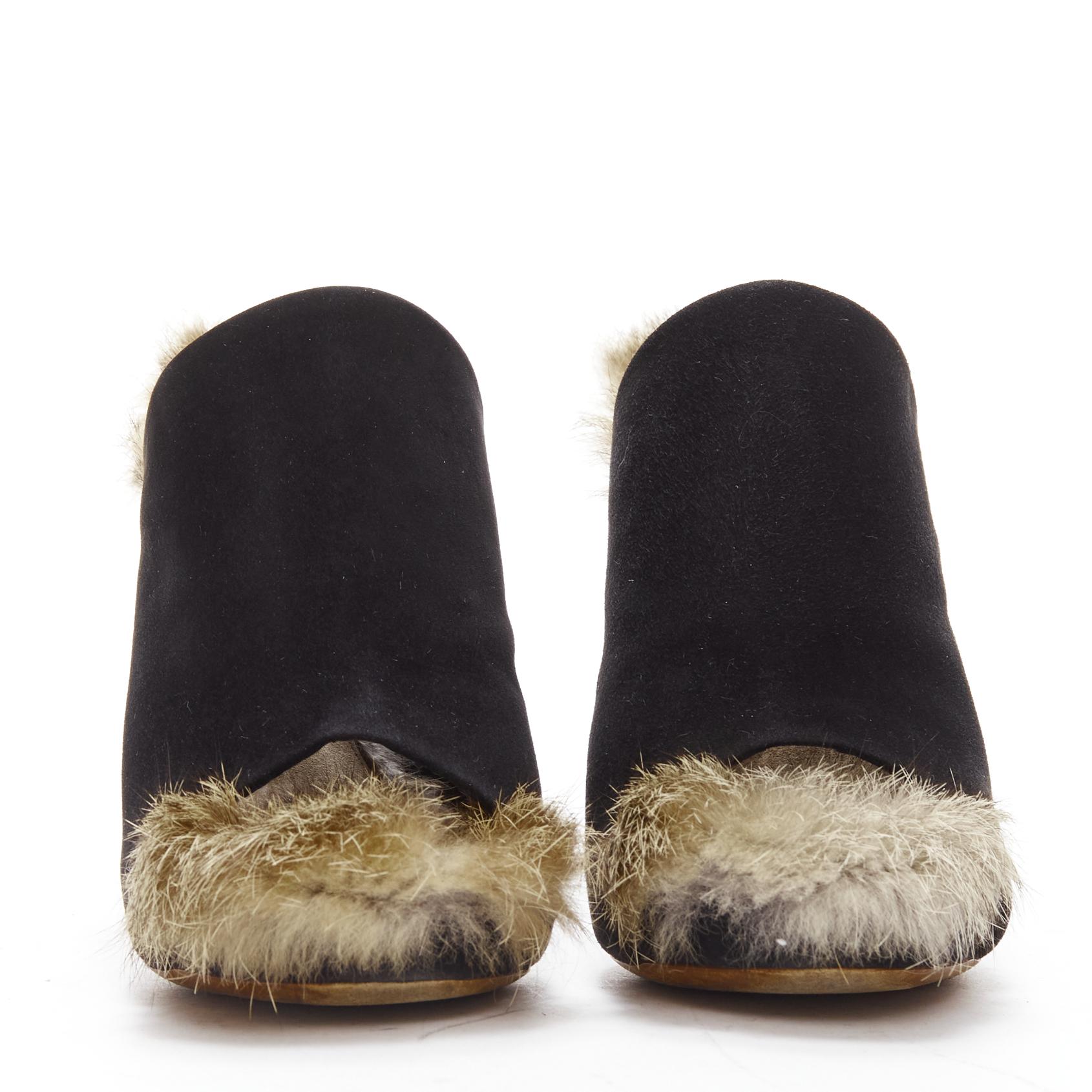 OLD CELINE Phoebe Philo 2010 Runway black suede fur mules EU36 In Good Condition For Sale In Hong Kong, NT