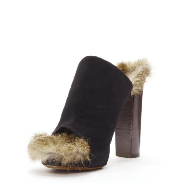 OLD CELINE Phoebe Philo 2010 Runway mules en daim noir et fourrure EU36 Bon état - En vente à Hong Kong, NT