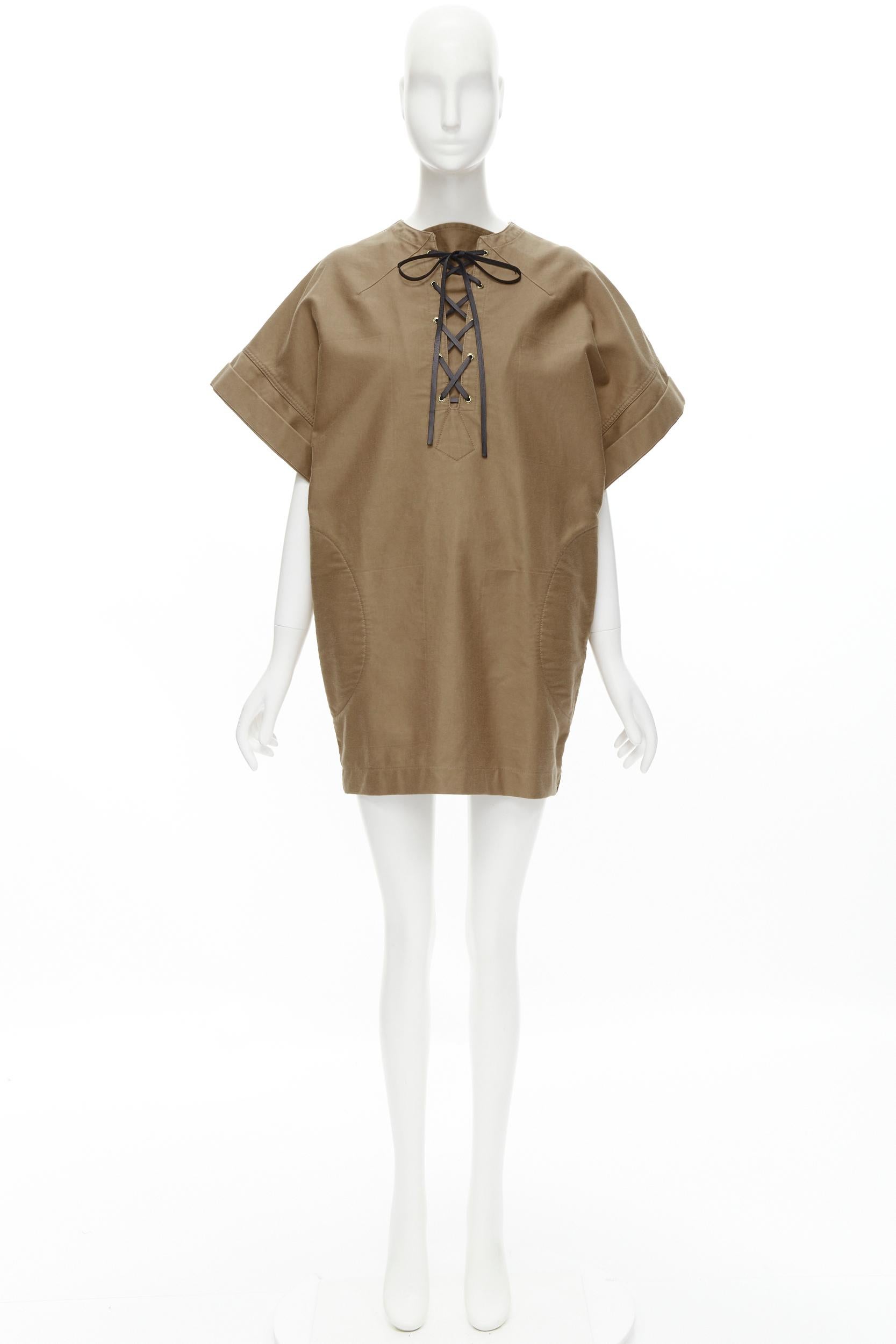 OLD CELINE Phoebe Philo 2010 Runway khaki leather lace boxy safari dress FR36 S 5