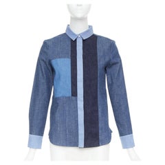OLD CELINE Phoebe Philo 2011 Runway blue patchwork denim button-up shirt FR36 S
