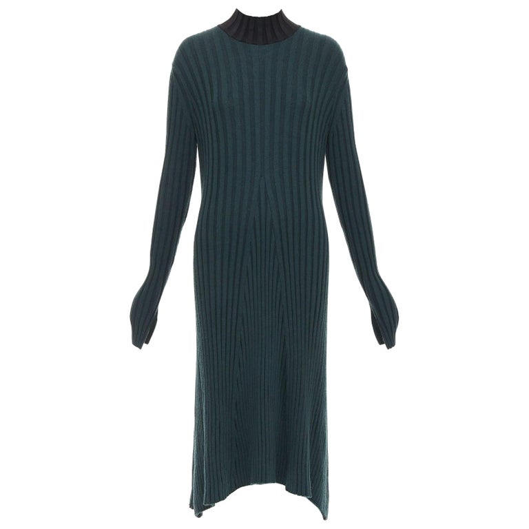 OLD CELINE Phoebe Philo 2014 dark green wool mock neck ribbed knit dress S  For Sale at 1stDibs