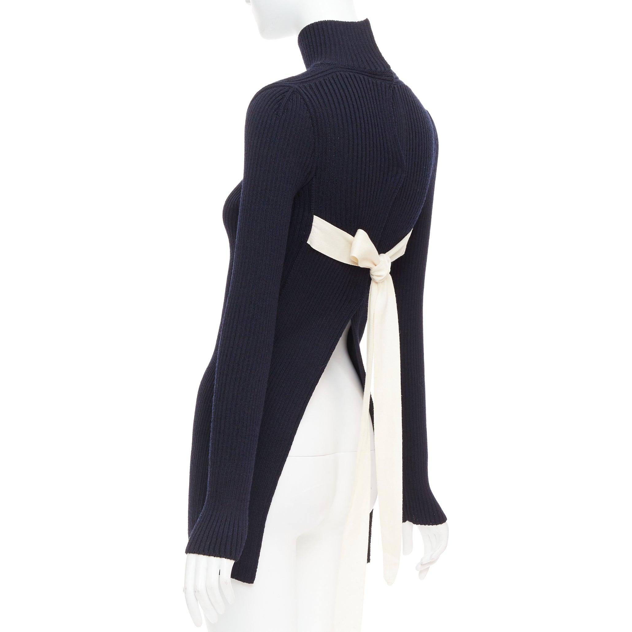 Women's OLD CELINE Phoebe Philo 2015 navy tie back contour ribbed turtleneck sweater