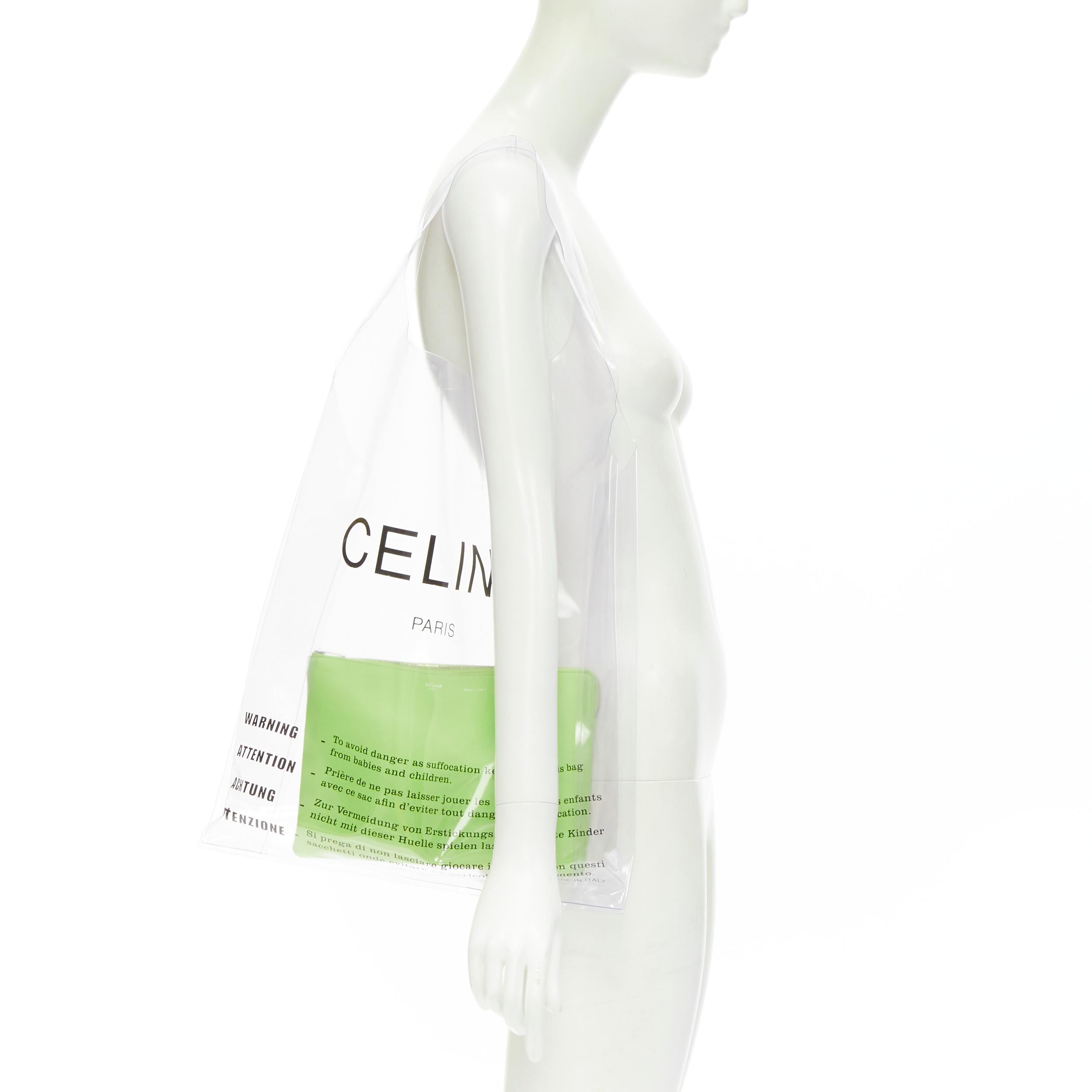 OLD CELINE Phoebe Philo 2018 Lime green zip pouch clear PVC shopper tote bag 
Reference: KEDG/A00001 
Brand: Celine 
Designer: Phoebe Philo 
Model: PVC tote with pouch 
Material: PVC 
Color: Green 
Pattern: Logo 
Closure: Zip 
Extra Detail: Logo