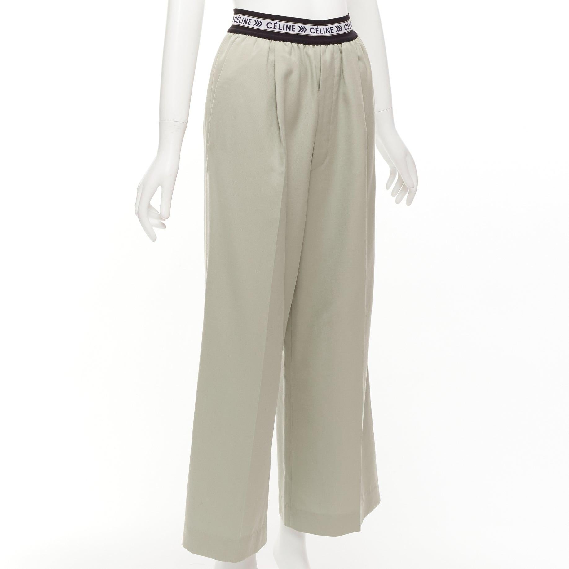 Gray OLD CELINE Phoebe Philo beige 100% virgin wool black logo wide leg pants FR34 XS