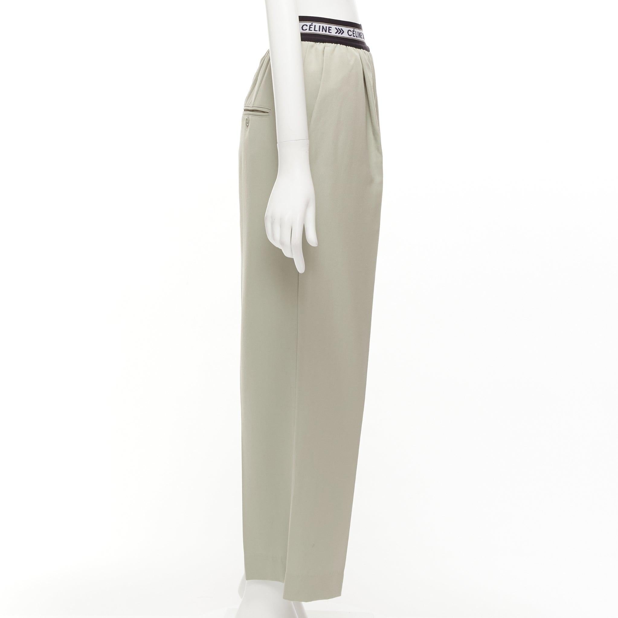 OLD CELINE Phoebe Philo beige 100% virgin wool black logo wide leg pants FR34 XS In Excellent Condition In Hong Kong, NT