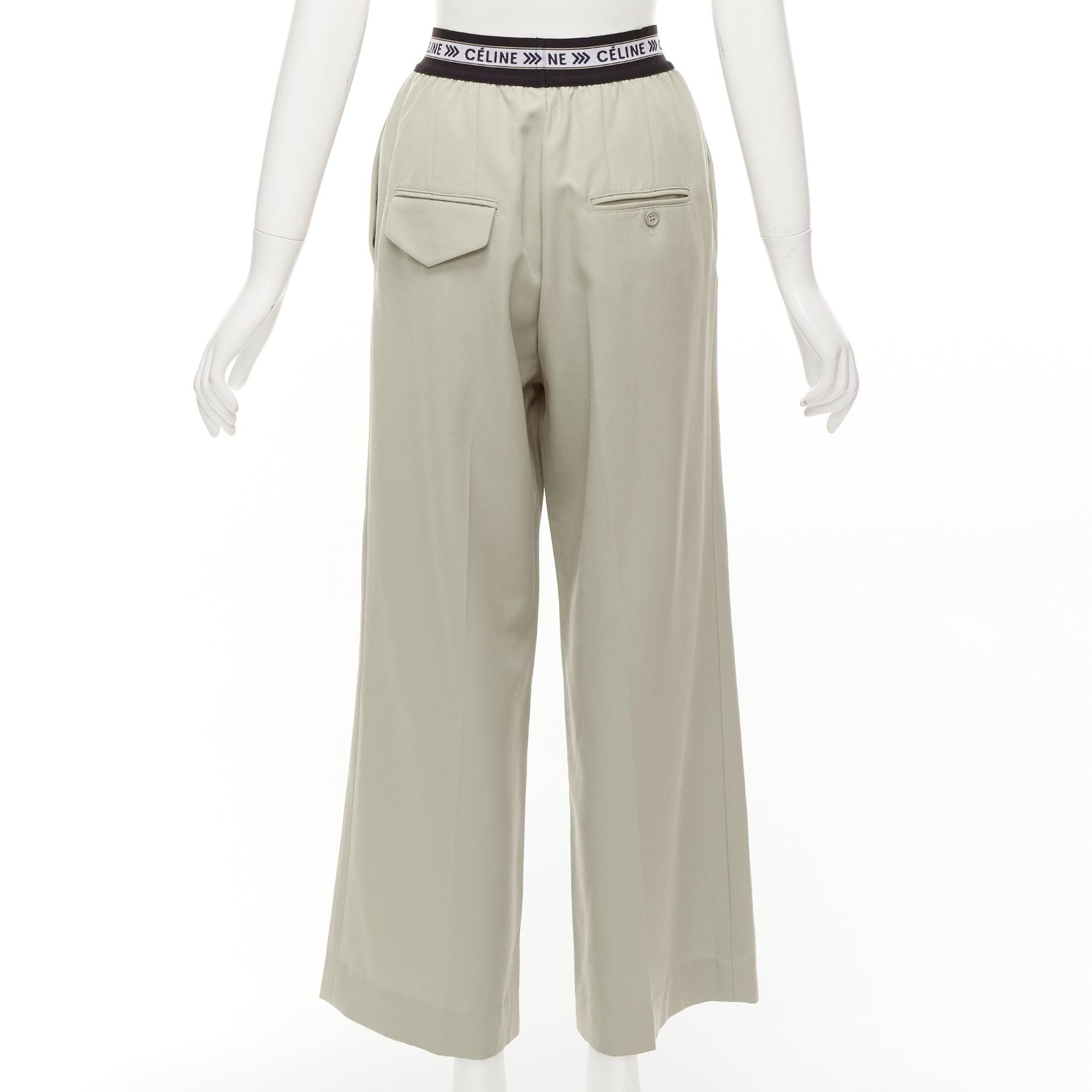 Women's OLD CELINE Phoebe Philo beige 100% virgin wool black logo wide leg pants FR34 XS