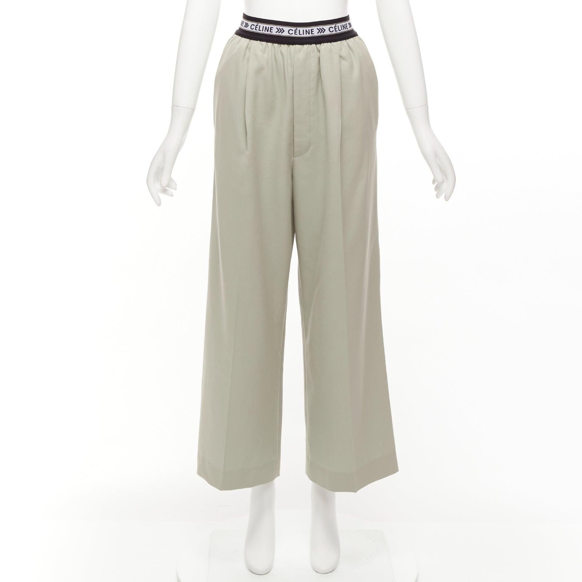 OLD CELINE Phoebe Philo beige 100% virgin wool black logo wide leg pants FR34 XS 4