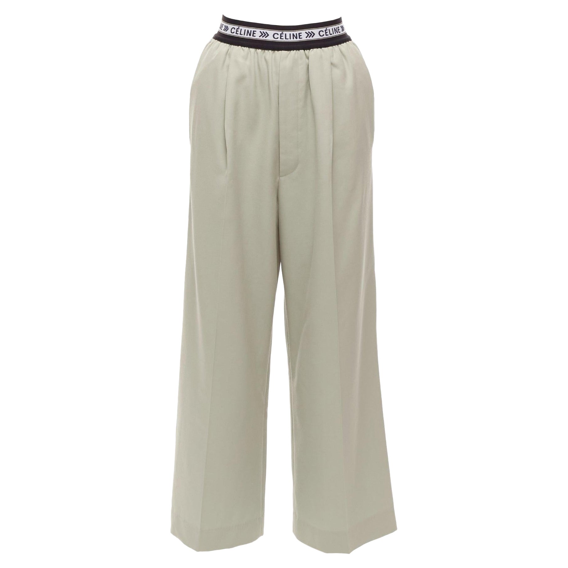 OLD CELINE Phoebe Philo beige 100% virgin wool black logo wide leg pants FR34 XS