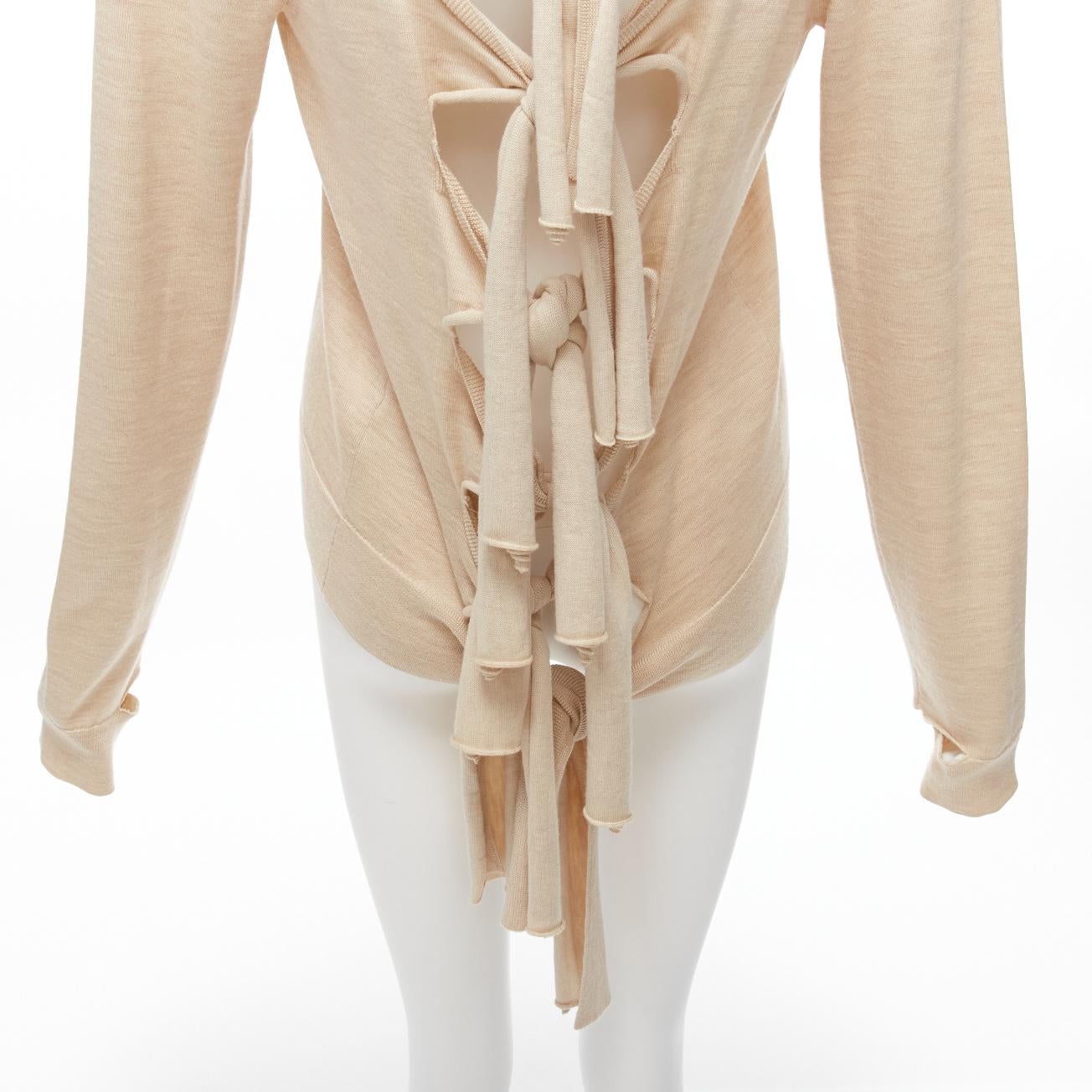 OLD CELINE Phoebe Philo beige wool silk knot tie back cut out sleeves sweater M For Sale 3