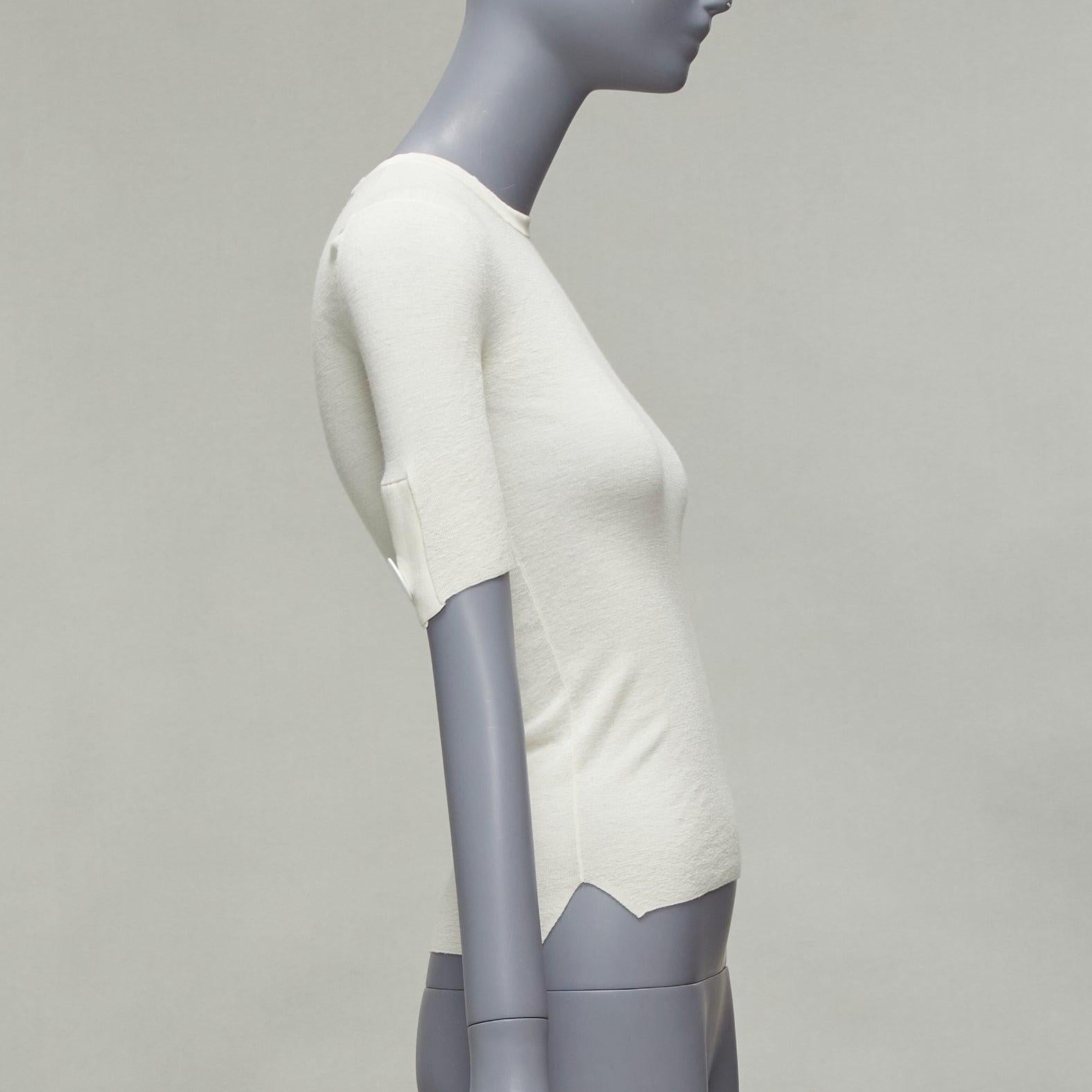 OLD CELINE Phoebe Philo beige wool silk white button half sleeve hi low top XS In Good Condition In Hong Kong, NT