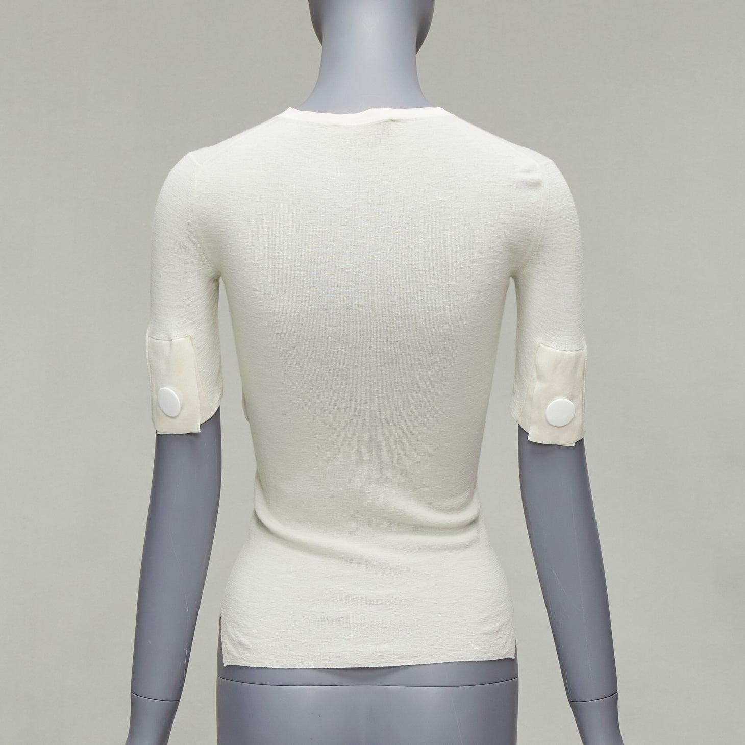 De las mujeres OLD CELINE Phoebe Philo Lana beige Seda blanca Botón Media Manga Top XS