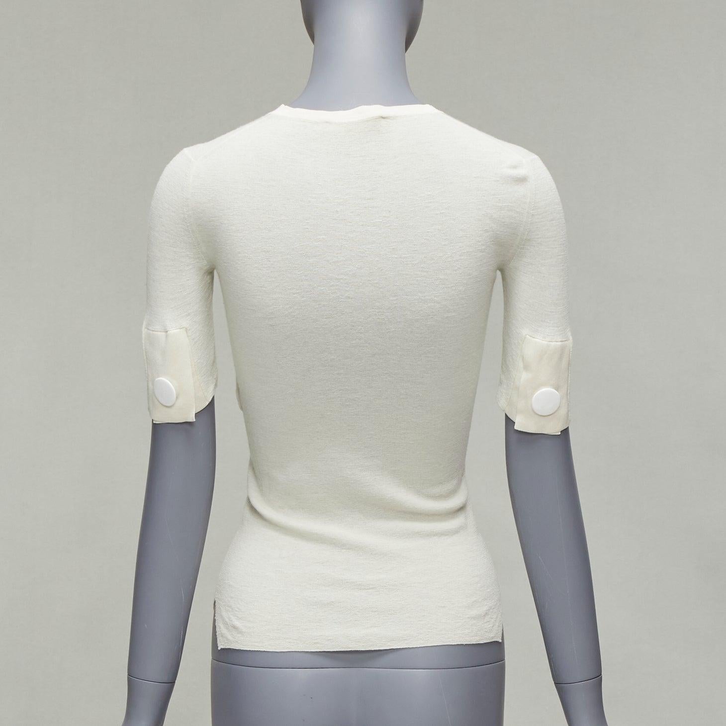 OLD CELINE Phoebe Philo beige wool silk white button half sleeve hi low top XS For Sale 1