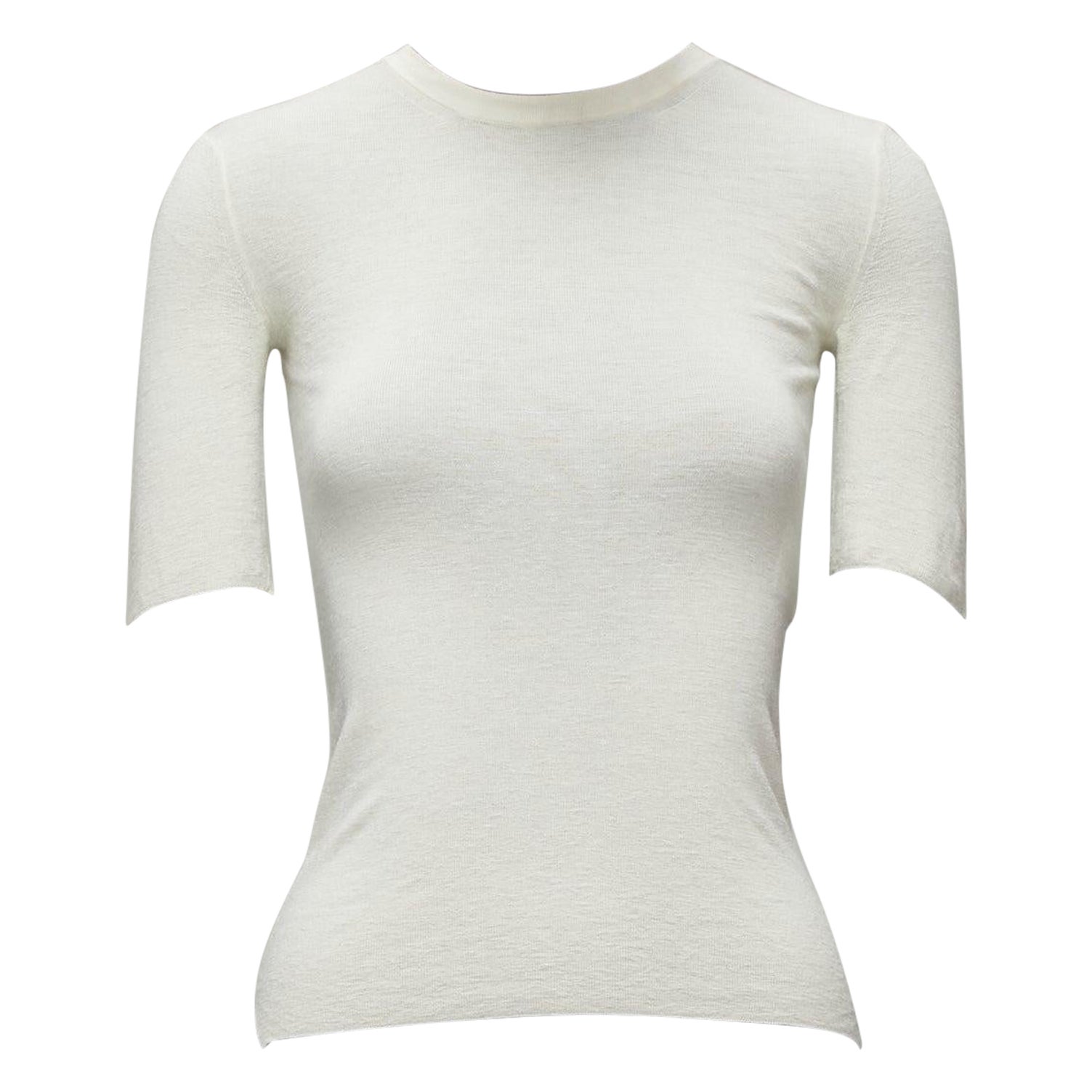 OLD CELINE Phoebe Philo beige wool silk white button half sleeve hi low top XS