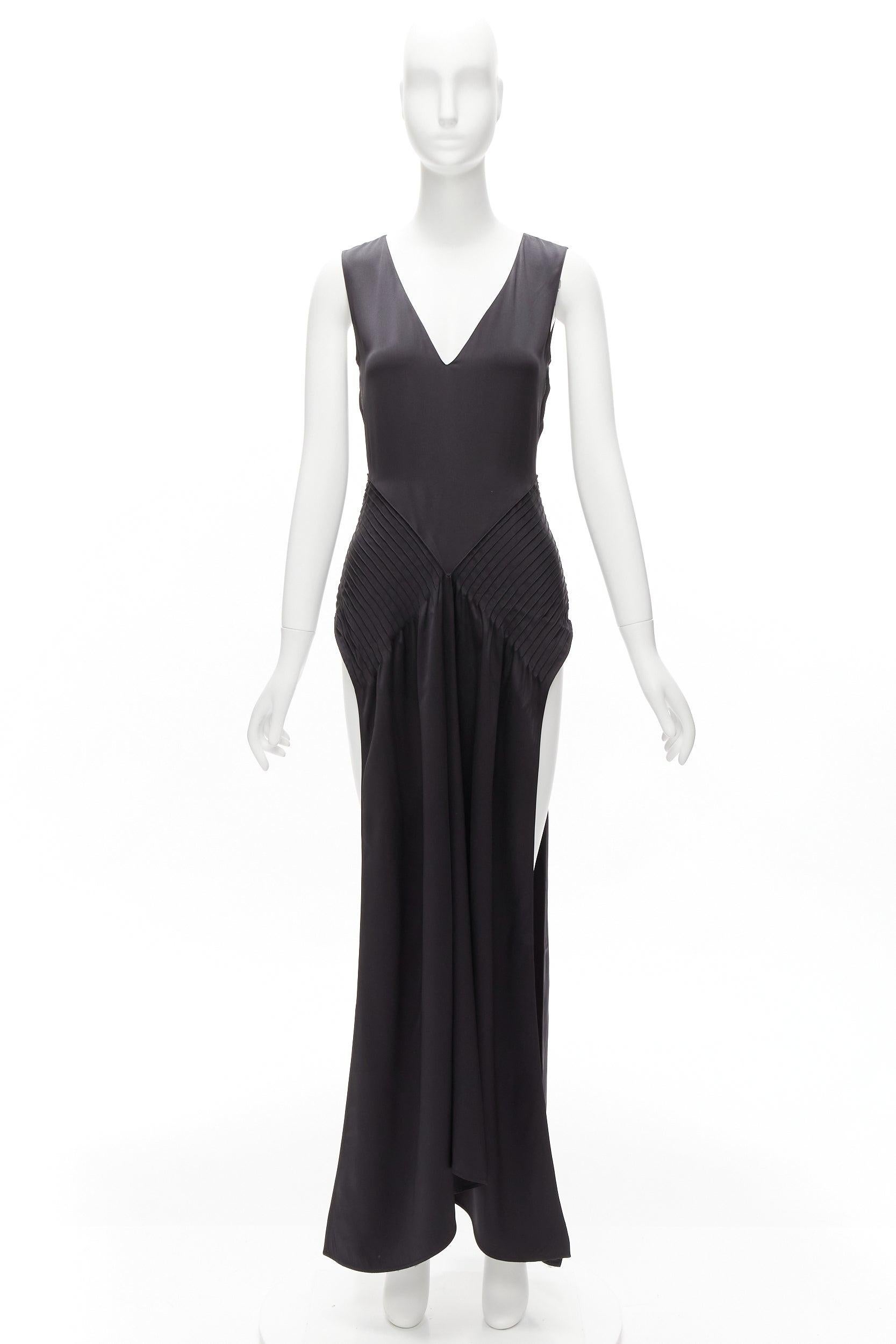 OLD CELINE Phoebe Philo black 100% silk pleat waist hip slit tunic dress FR34 XS 5