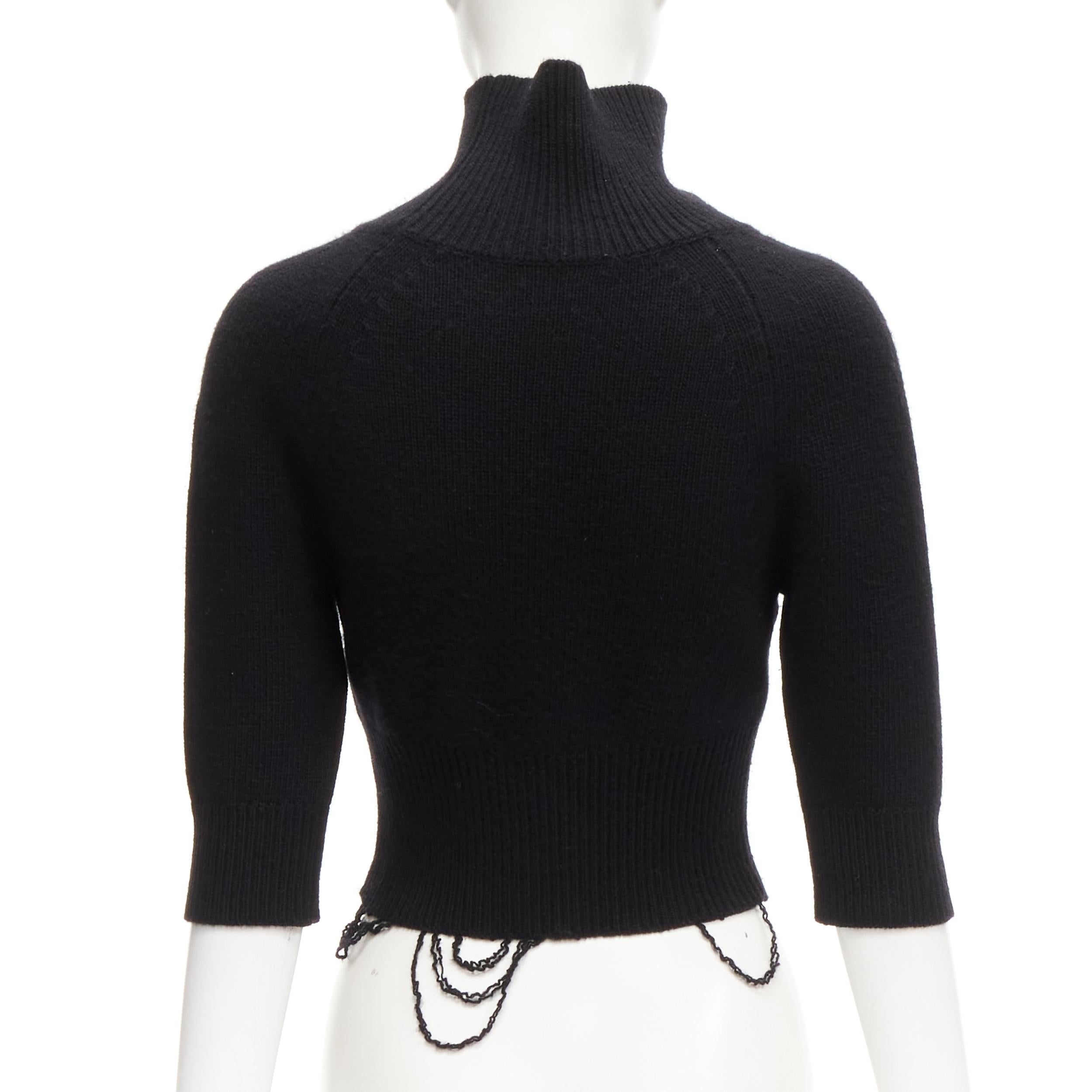 Women's OLD CELINE Phoebe Philo black cashmere distressed hem cropped turtleneck top S For Sale