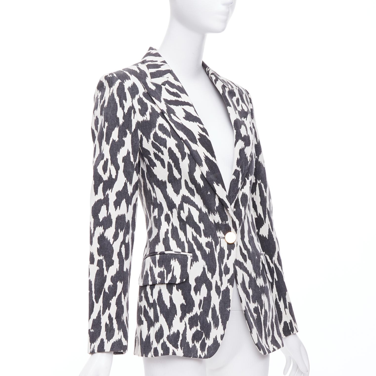 OLD CELINE Phoebe Philo black cream animal print cotton blazer jacket FR36 S In Good Condition For Sale In Hong Kong, NT
