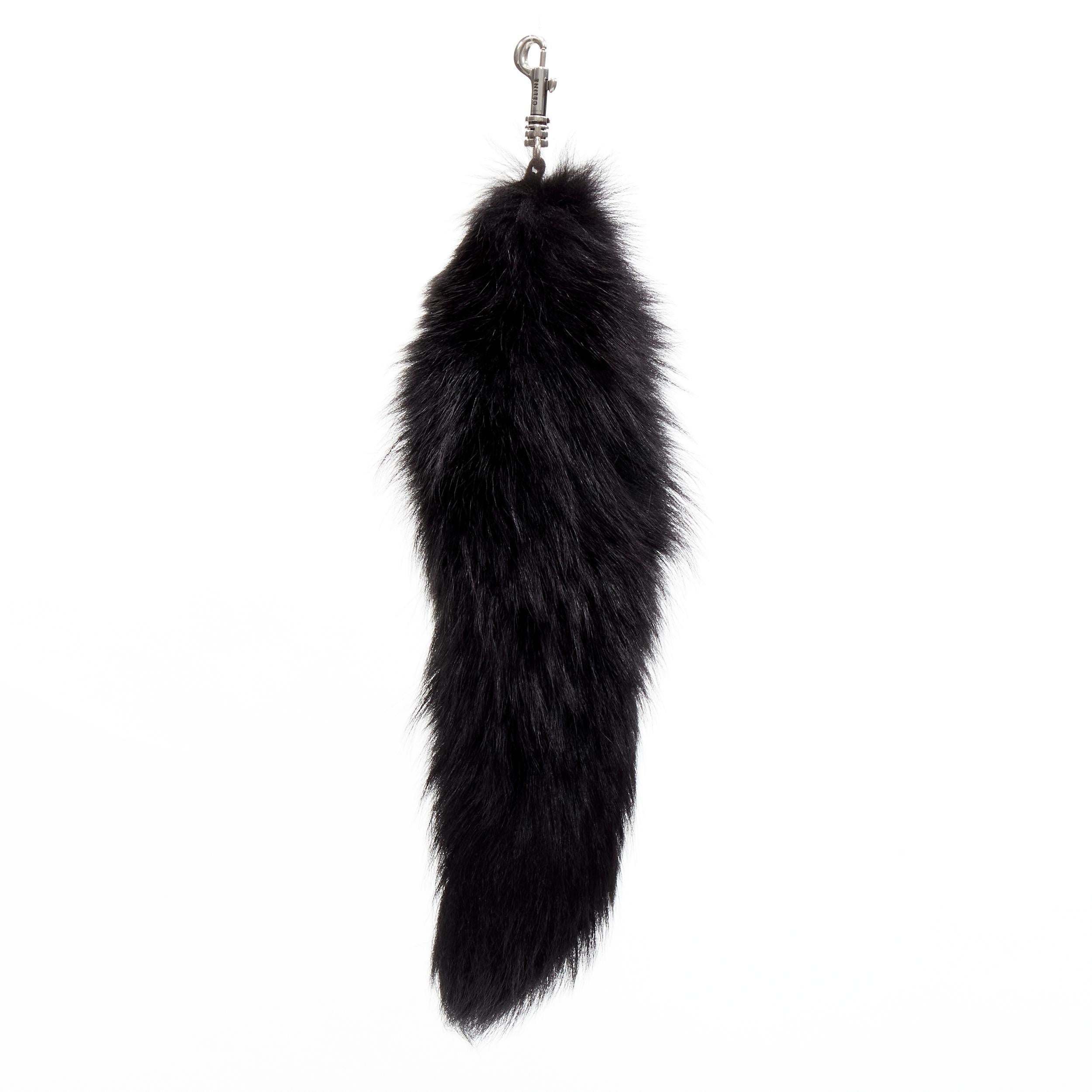 OLD CELINE Phoebe Philo black fox fur tail clasp silver tone keyring bag charm In Excellent Condition For Sale In Hong Kong, NT