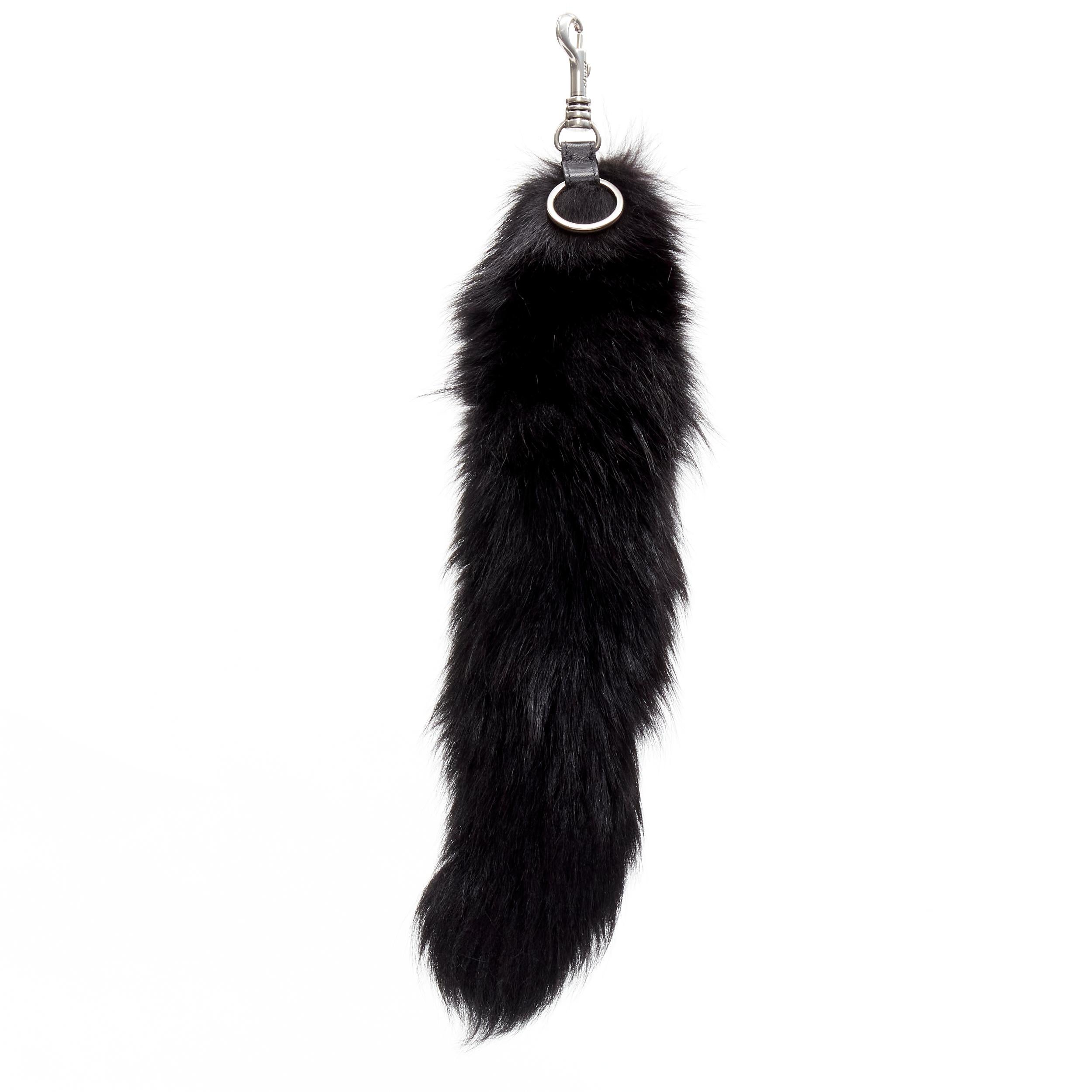 Women's OLD CELINE Phoebe Philo black fox fur tail clasp silver tone keyring bag charm For Sale