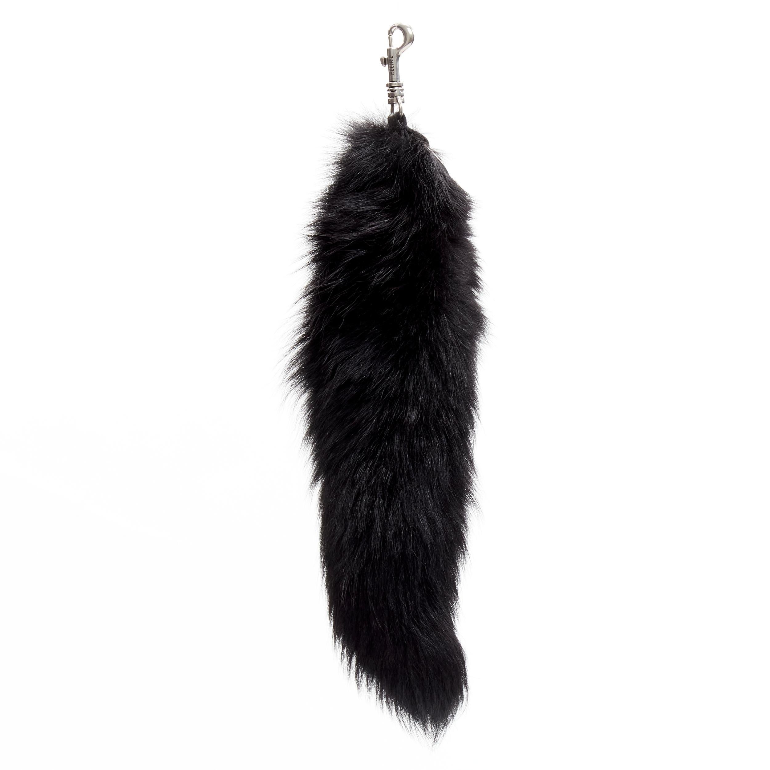 OLD CELINE Phoebe Philo black fox fur tail clasp silver tone keyring bag charm 1
