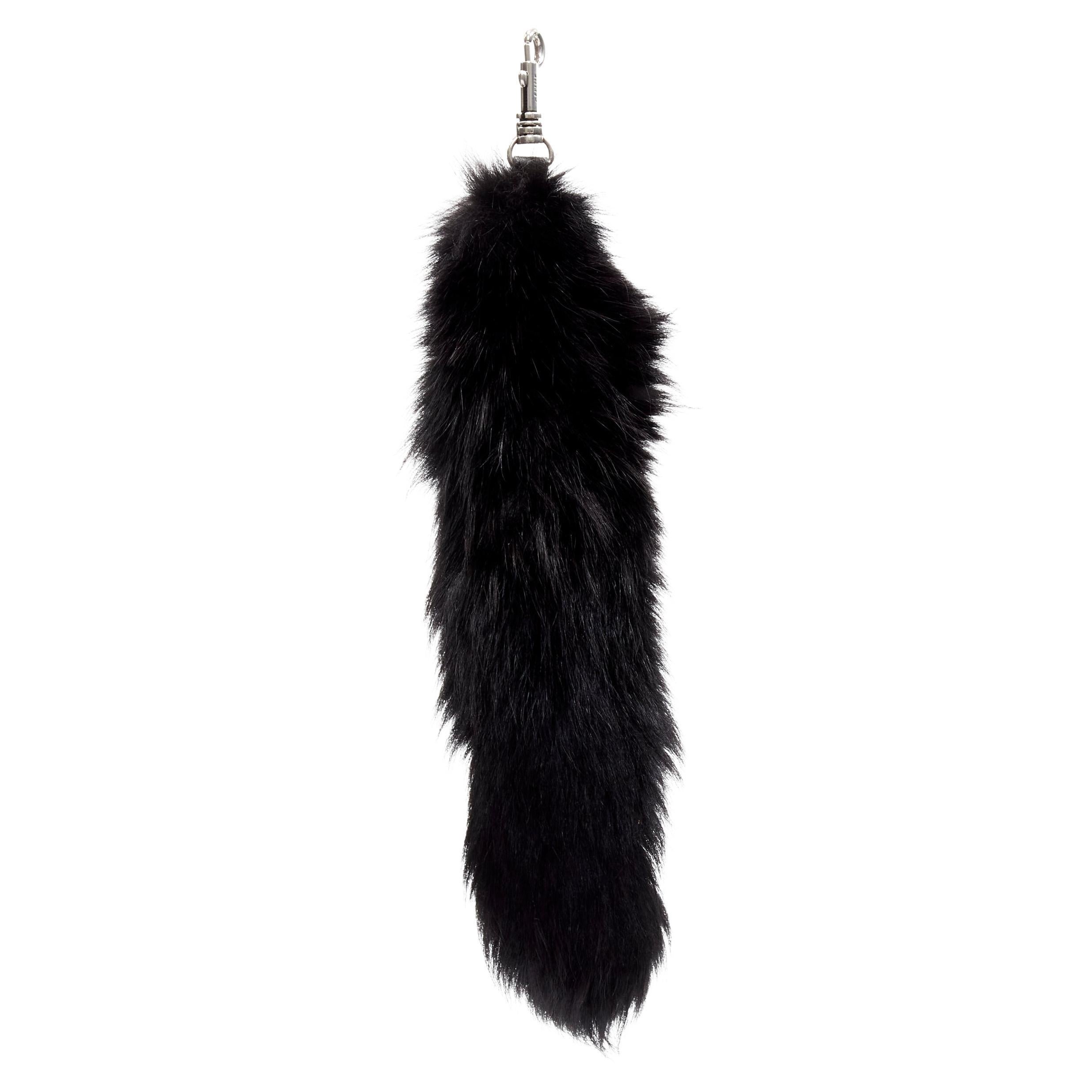 OLD CELINE Phoebe Philo black fox fur tail clasp silver tone keyring bag charm For Sale