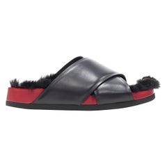 OLD CELINE PHOEBE PHILO black fur lined red outsole cross Boxy slides EU38