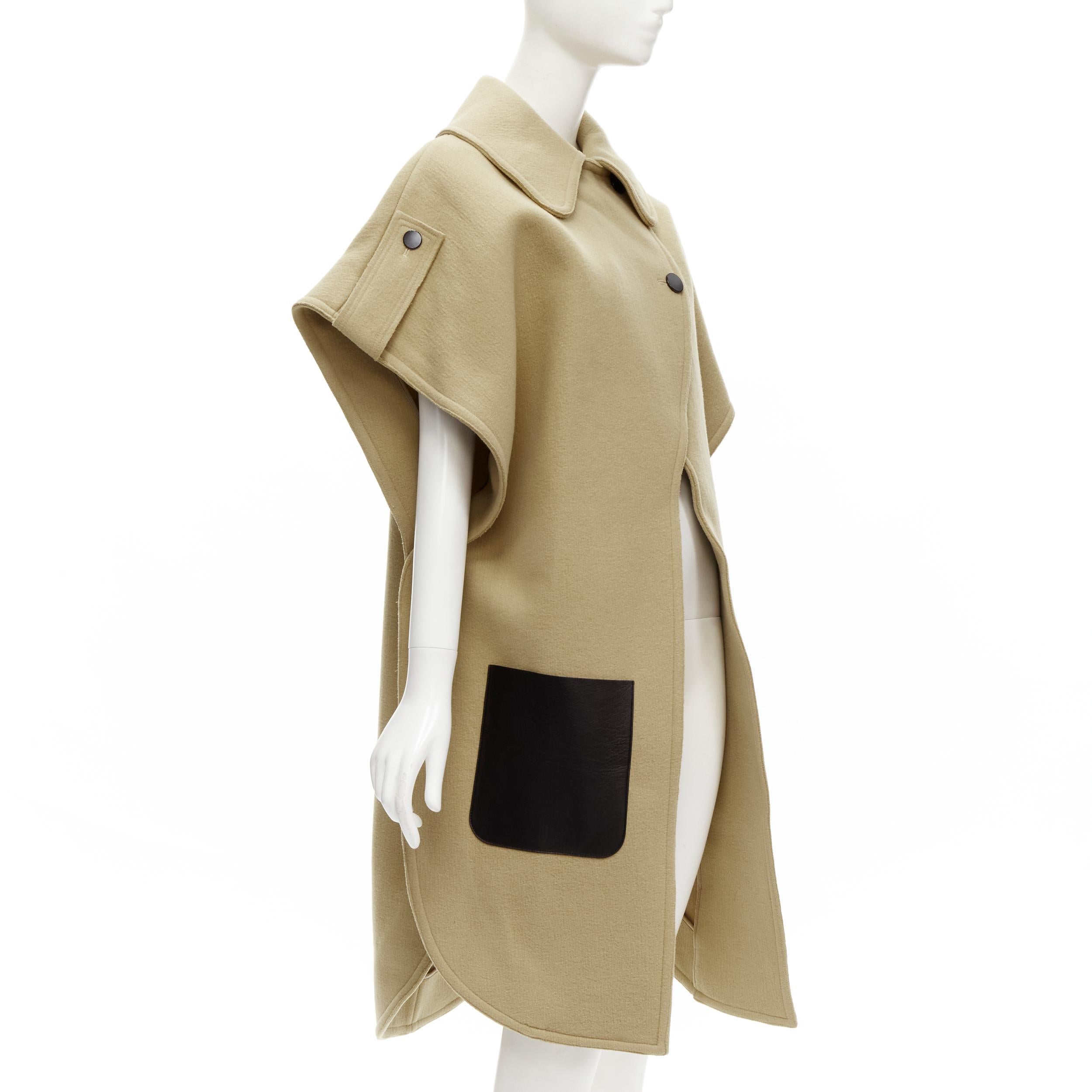 OLD CELINE Phoebe Philo black leather pocket camel wool poncho coat FR36 S In Excellent Condition For Sale In Hong Kong, NT
