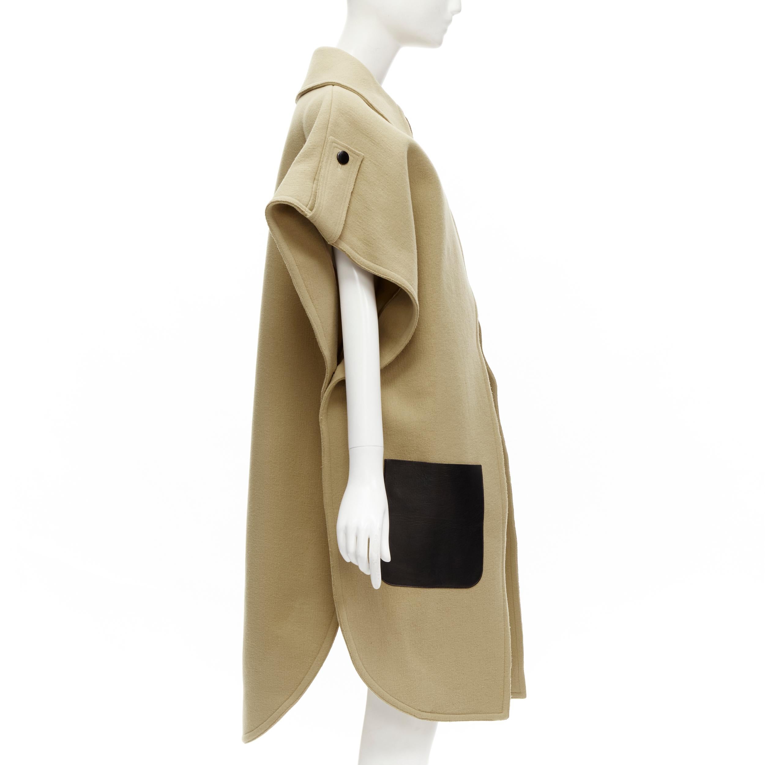 Women's OLD CELINE Phoebe Philo black leather pocket camel wool poncho coat FR36 S
