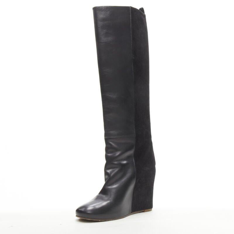 OLD CELINE Phoebe Philo black leather suede 50/50 platform wedge boot EU38 In Good Condition In Hong Kong, NT