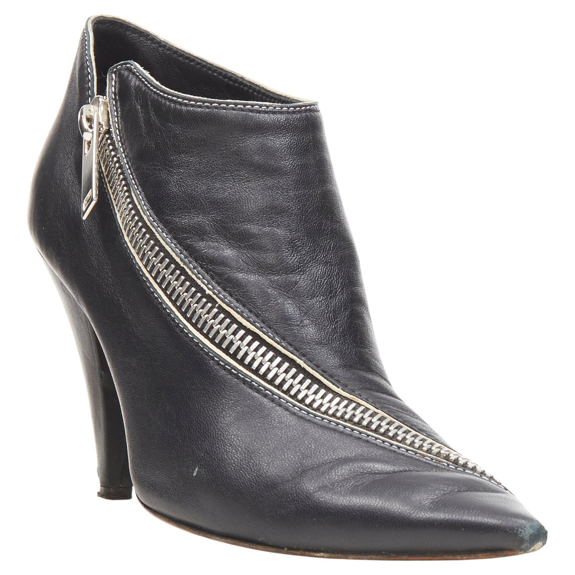 OLD CELINE Phoebe Philo black leather twist silver zip cone heel bootie EU36.5 For Sale
