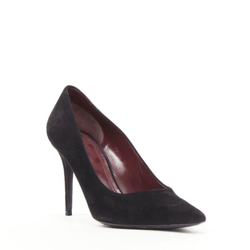 OLD CELINE Phoebe Philo black suede leather point tie pigalle stiletto pump EU38
Reference: AEMA/A00013
Brand: Celine
Designer: Phoebe Philo
Model: Suede pump
Material: Suede
Color: Black
Pattern: Solid
Lining:  Leather
Extra Details: Black suede.