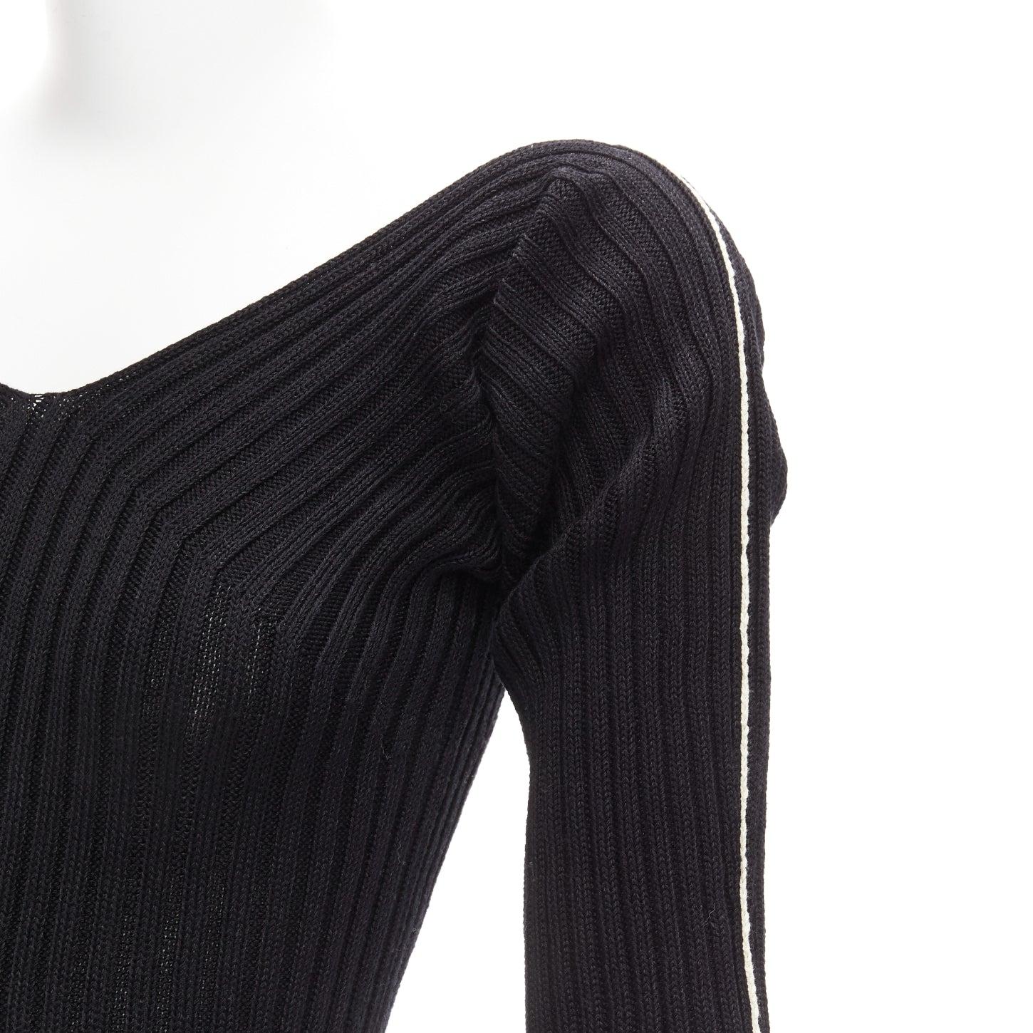 OLD CELINE Phoebe Philo black white overstitch off shoulder ribbed knit top M 2
