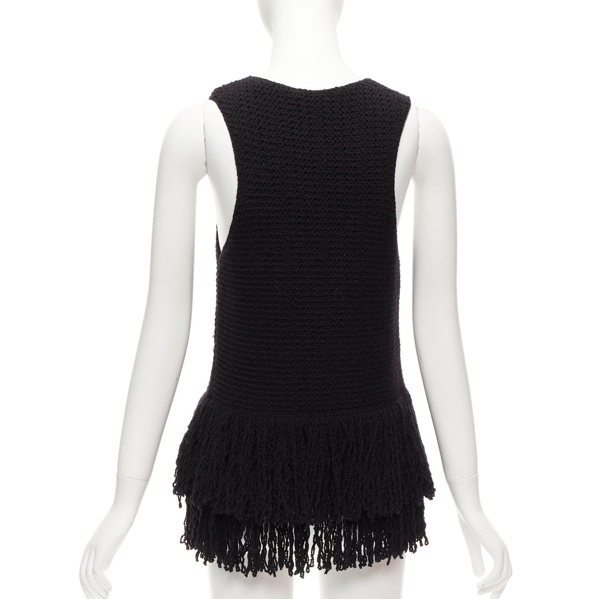 Women's OLD CELINE Phoebe Philo black wool duo tier loop fringe knitted vest top S