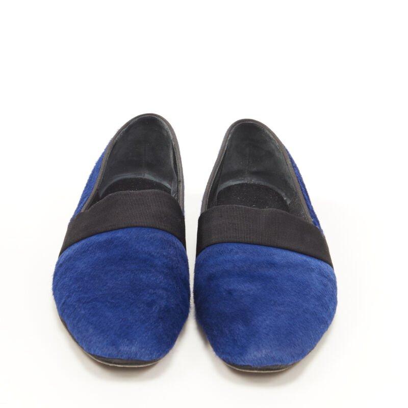Blue OLD CELINE PHOEBE PHILO blue pony hair grosgrain ribbon slip on flats EU37.5 For Sale
