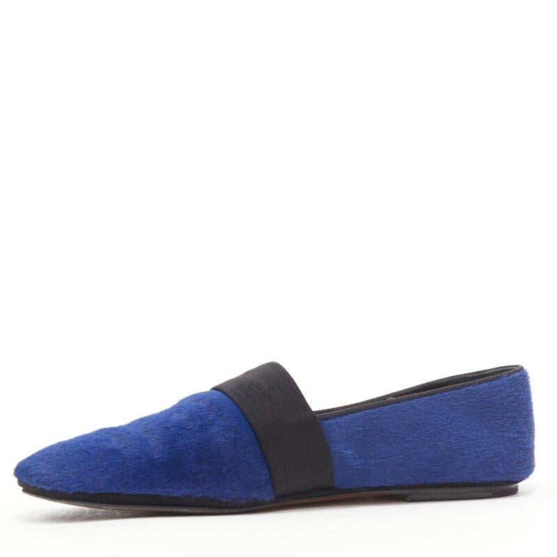 OLD CELINE PHOEBE PHILO blue pony hair grosgrain ribbon slip on flats EU37.5 In Excellent Condition For Sale In Hong Kong, NT