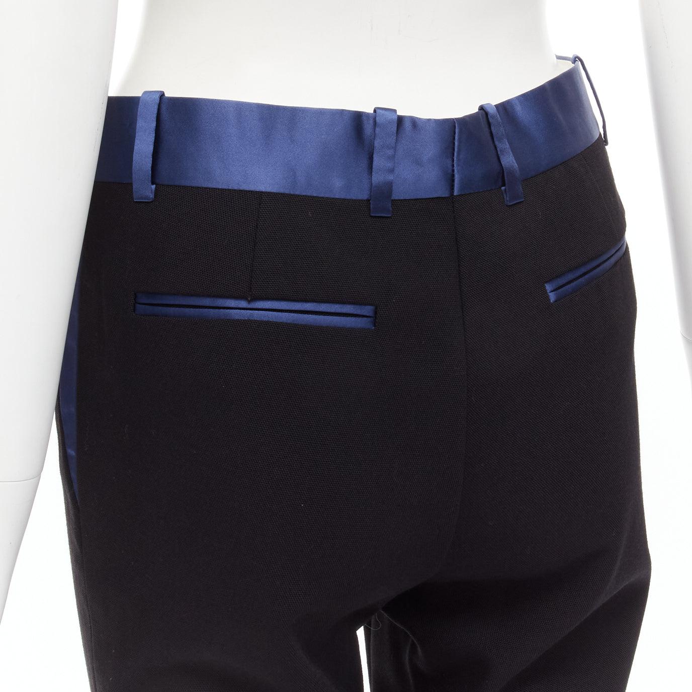 Black OLD CELINE Phoebe Philo blue silk trimmed black wool pleated trousers FR34 XS For Sale