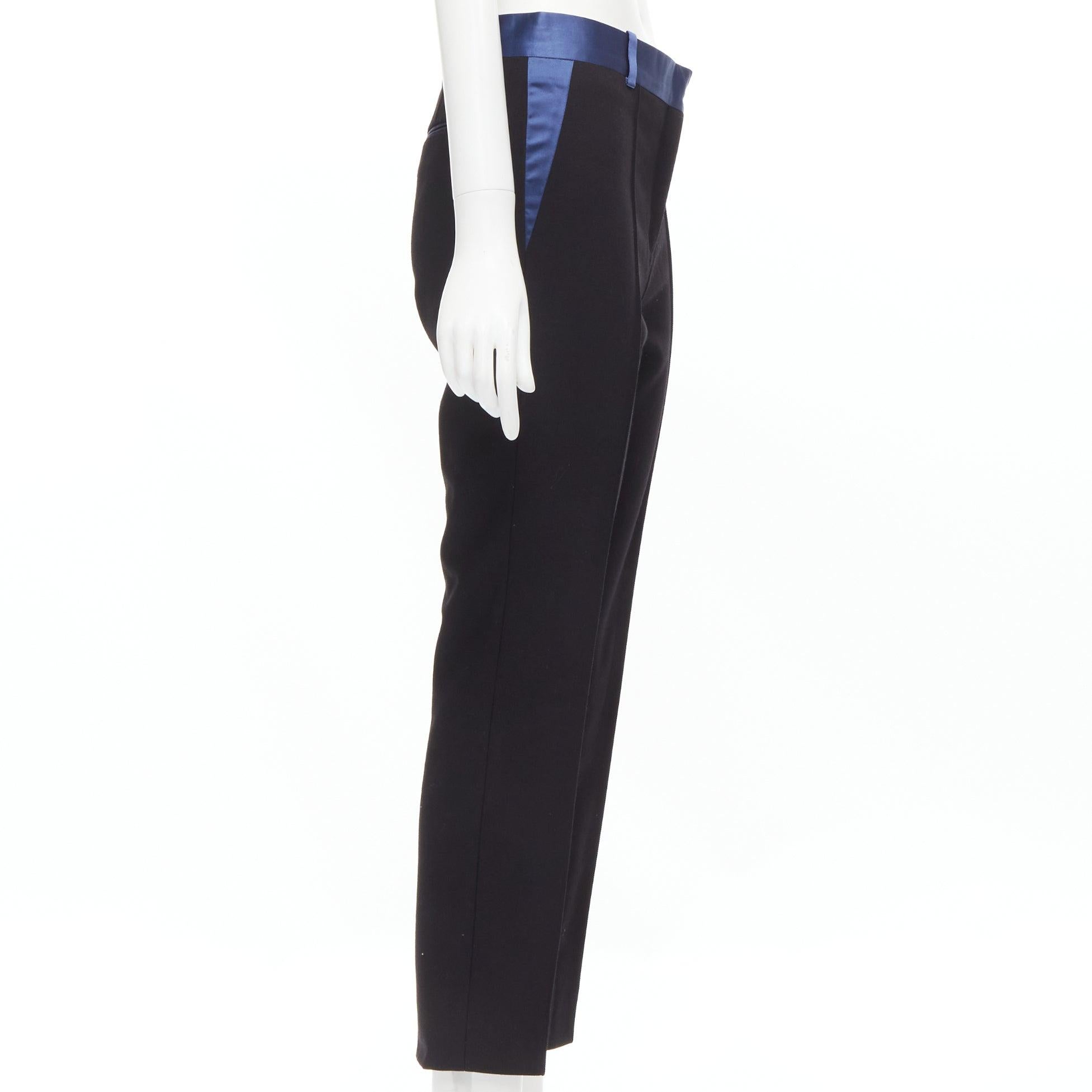 OLD CELINE Phoebe Philo blue silk trimmed black wool pleated trousers FR34 XS In Good Condition For Sale In Hong Kong, NT
