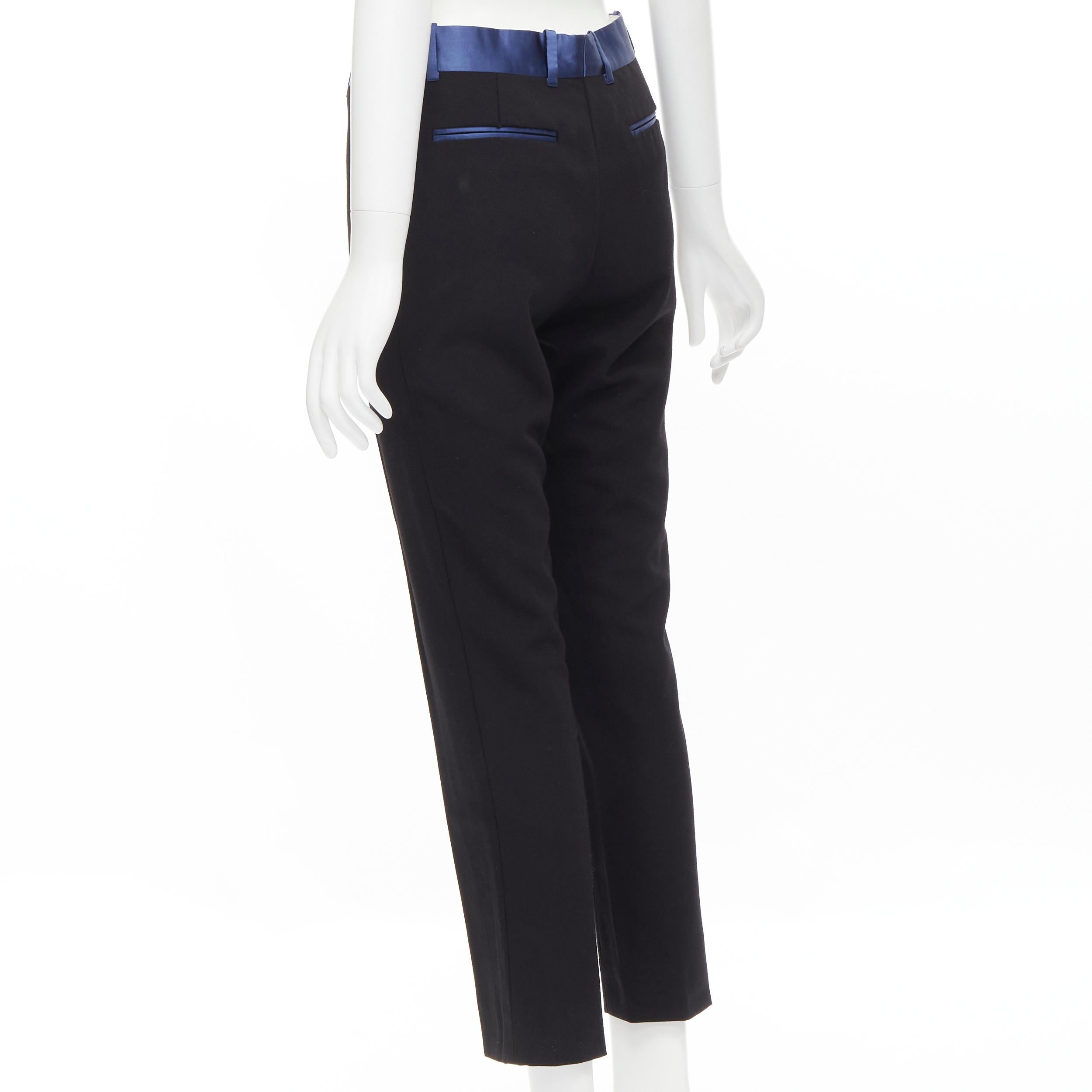 Black OLD CELINE Phoebe Philo blue silk trimmed black wool pleated trousers FR34 XS