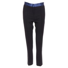 OLD CELINE Phoebe Philo blue silk trimmed black wool pleated trousers FR34 XS