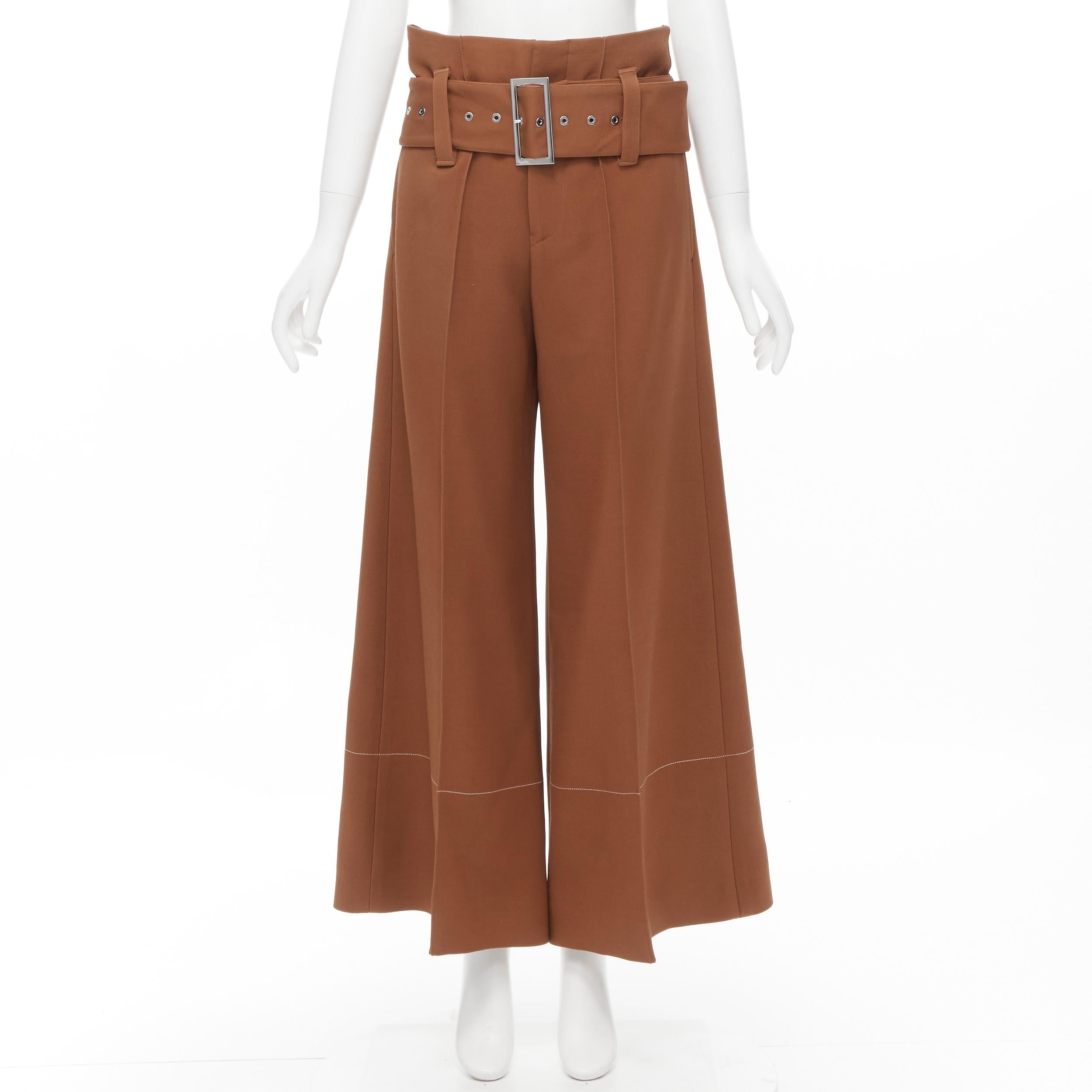 OLD CELINE Phoebe Philo brown belted overstitch wide leg pants FR36 S 4