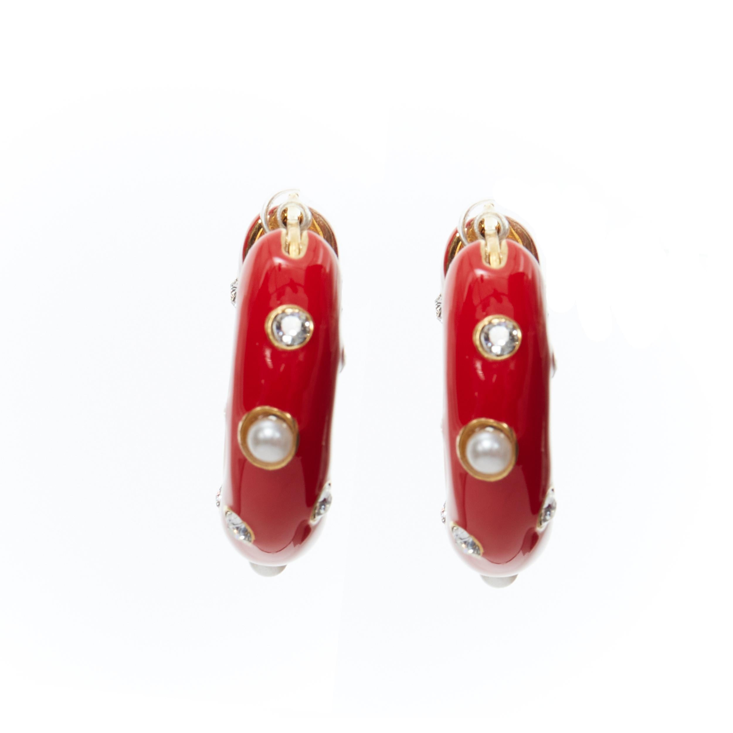 OLD CELINE Phoebe Philo Byzantine red enamel crystal pearl hoop earrings 
Reference: LNKO/A01915 
Brand: Celine 
Designer: Phoebe Philo 
Material: Metal 
Color: Red 
Pattern: Solid 
Closure: Pin 
Extra Detail: Red enamel covered gold-tone metal