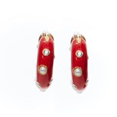 OLD CELINE Phoebe Philo Byzantine red enamel crystal pearl hoop earrings